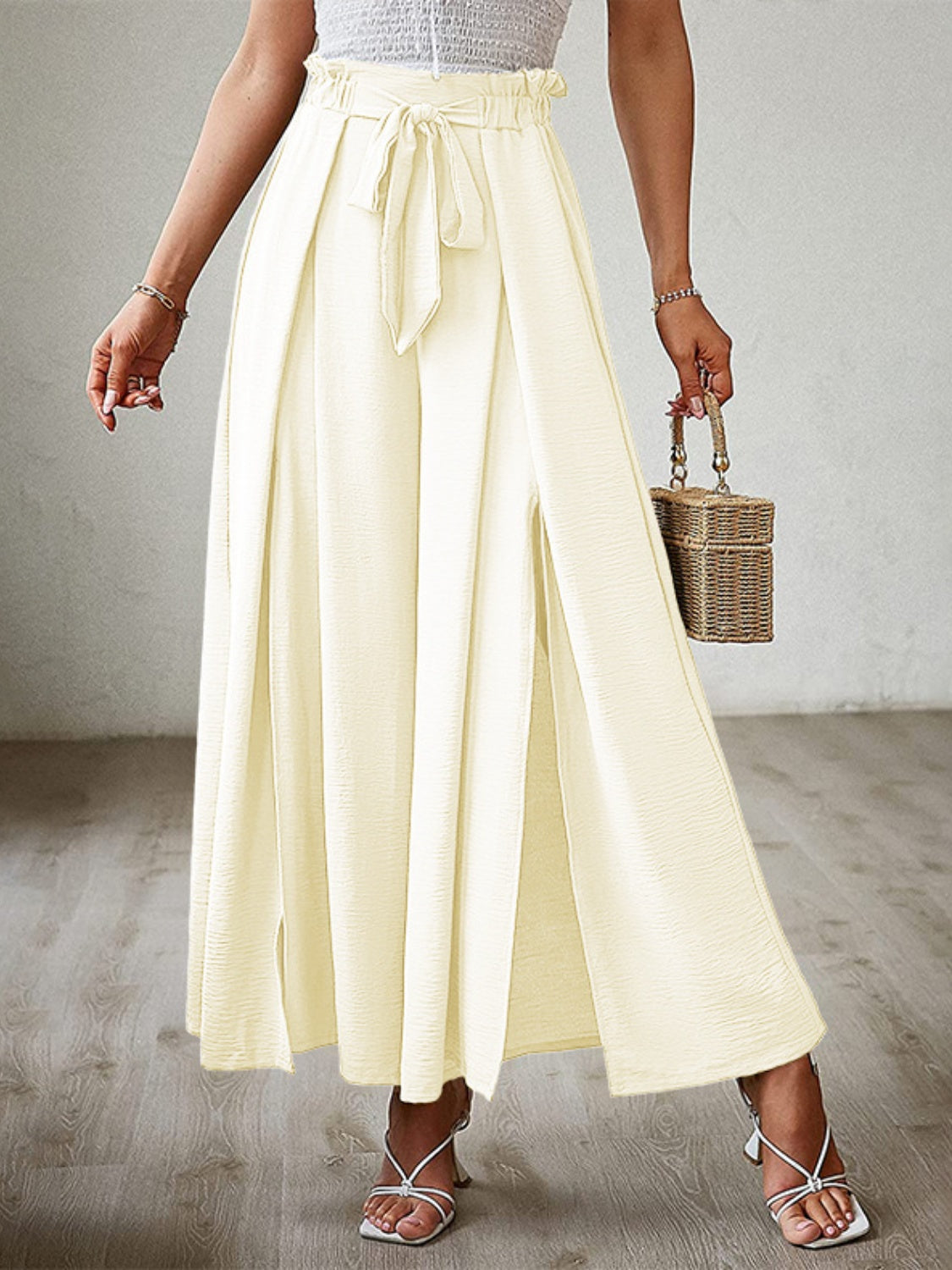 Tied Slit Wide Leg Pants - Luxe4Everyday Pastel Yellow / S Pants