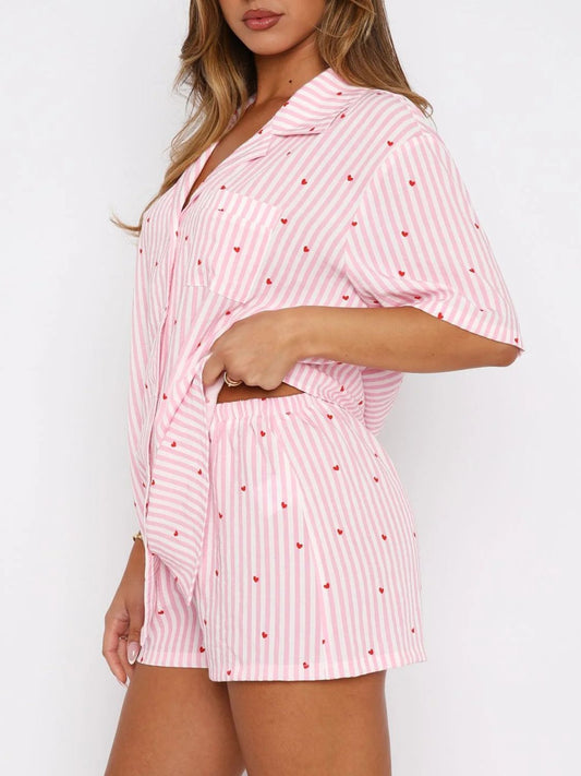 Valentine's Day Printed Collared Neck Short Sleeve Top and Shorts Set - Luxe4Everyday Blush Pink / S Pajamas