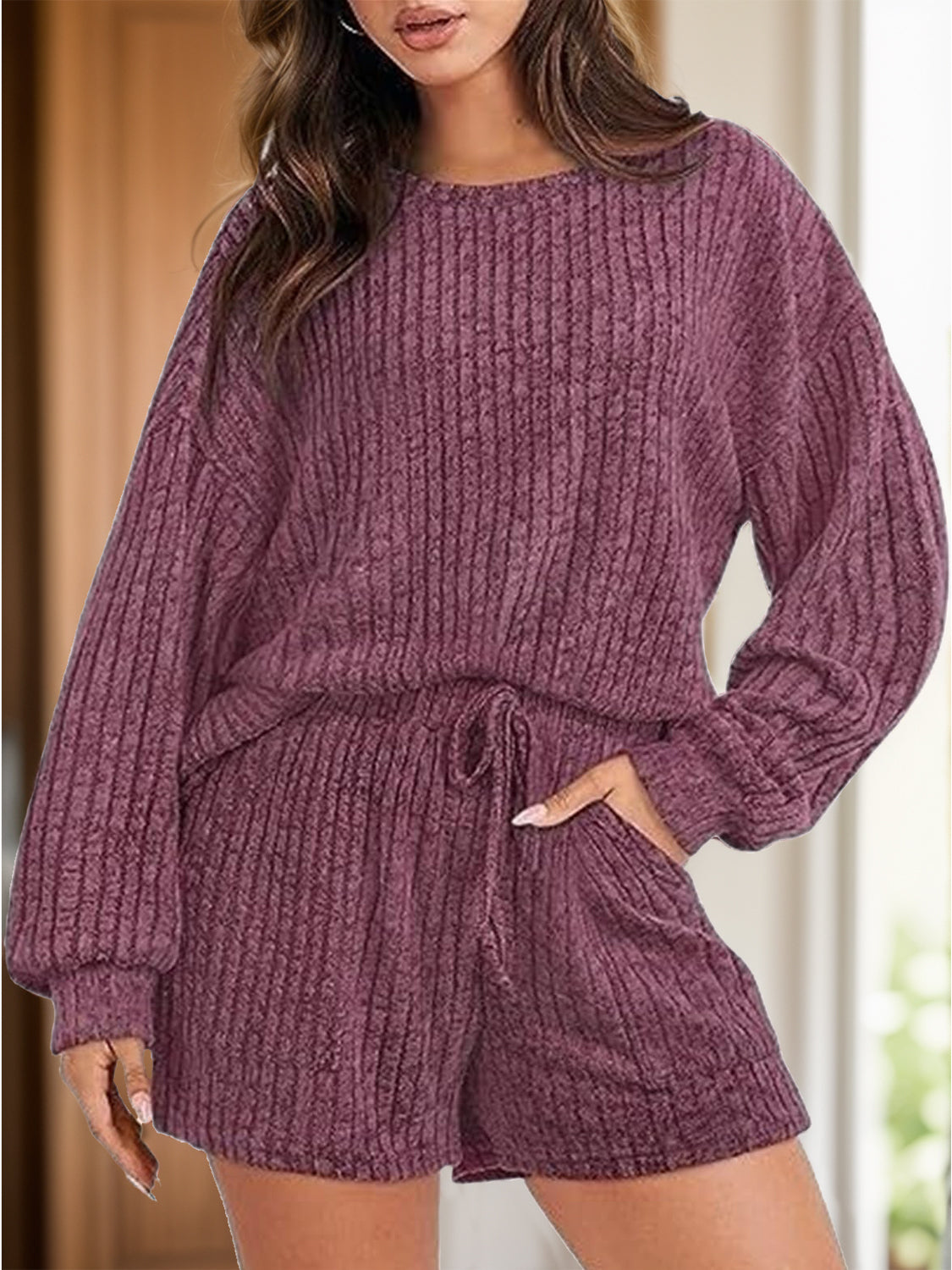 Round Neck Dropped Shoulder Top and Shorts Set - Luxe4Everyday Deep Purple / S Two-piece set