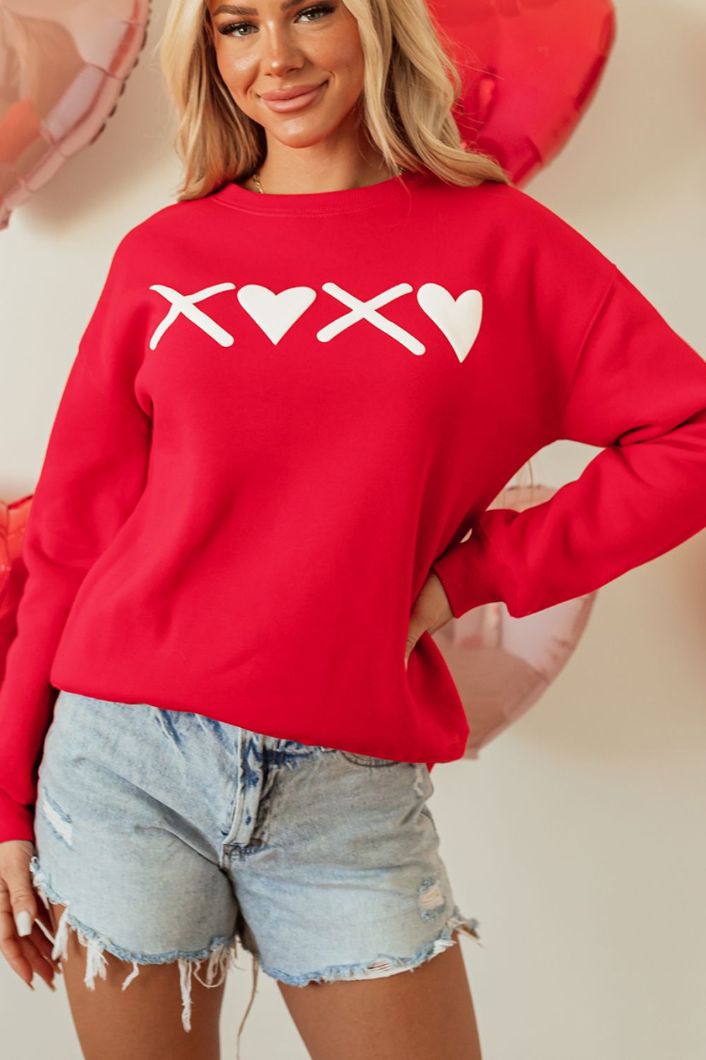 Valentine’s Day XOXO Round Neck Drop Shoulder Sweatshirt - Luxe4Everyday Red / S Sweater