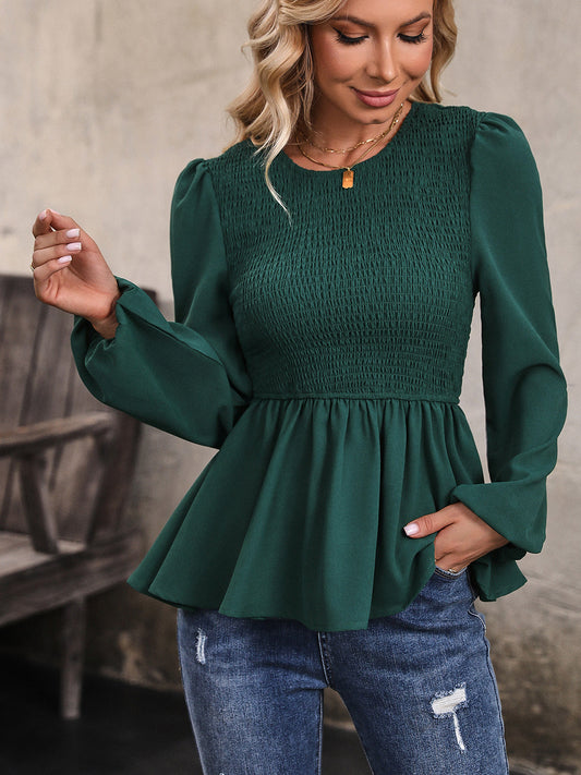 Perfee Round Neck Smocked Balloon Sleeve Top - Luxe4Everyday Green / S Shirt