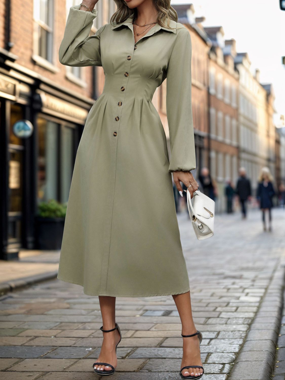 Perfee Smocked Half Button Long Sleeve Dress - Luxe4Everyday Sage / S