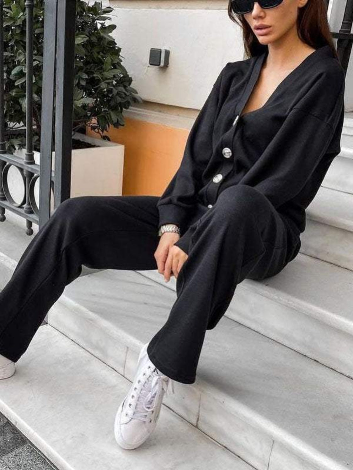 Full Size Button Up Long Sleeve Top and Pants Set - Luxe4Everyday two-piece set