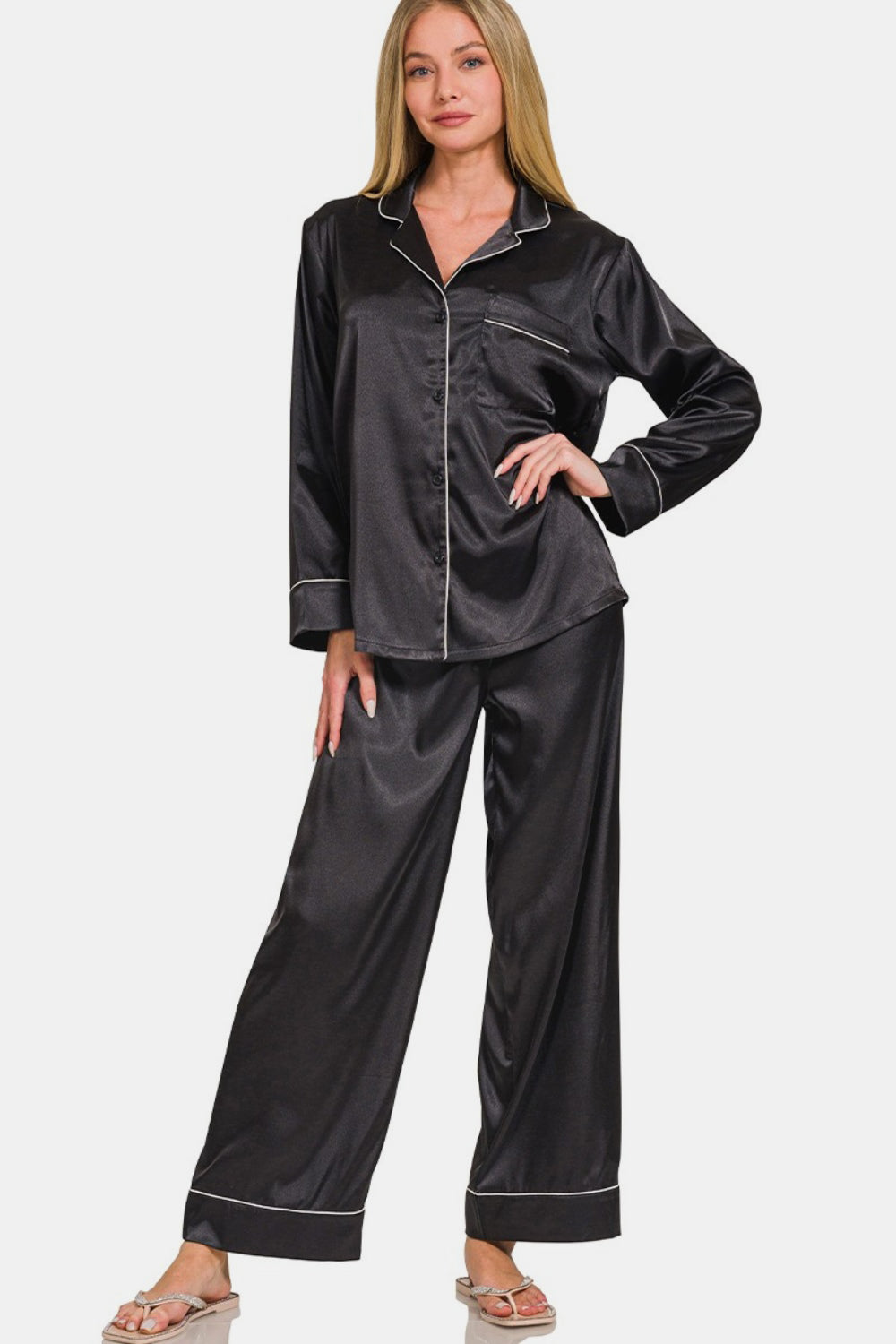 Zenana Satin Long Sleeve Shirt and Pants Pajama Set - Luxe4Everyday Black / S Lounge wear