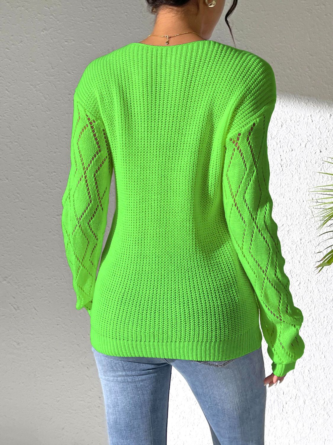 Openwork V-Neck Long Sleeve Sweater - Luxe4Everyday Sweater