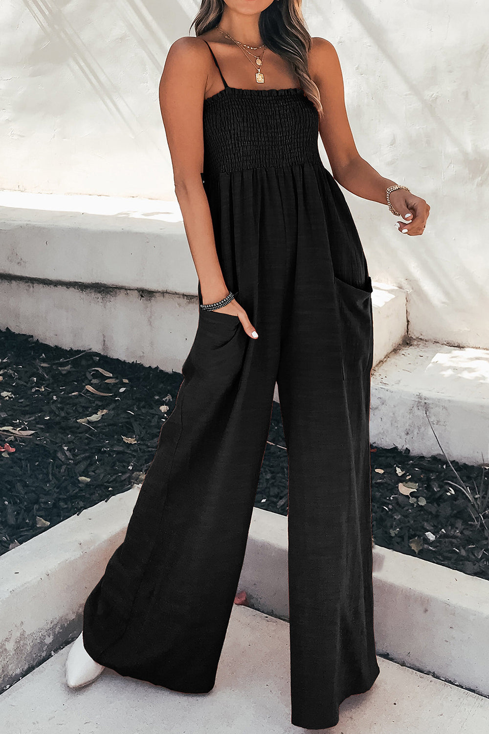 Smocked Spaghetti Strap Wide Leg Jumpsuit - Luxe4Everyday Black / S Jumpsuit