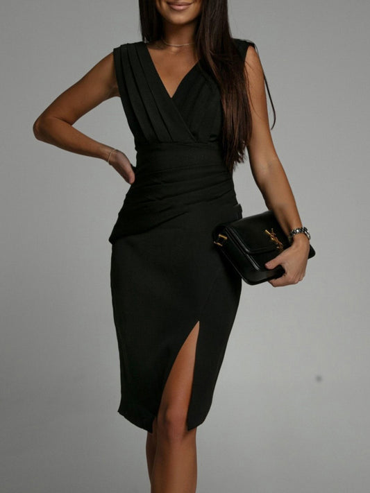 Slit Ruched Surplice Tank Dress - Luxe4Everyday Black / S Dress