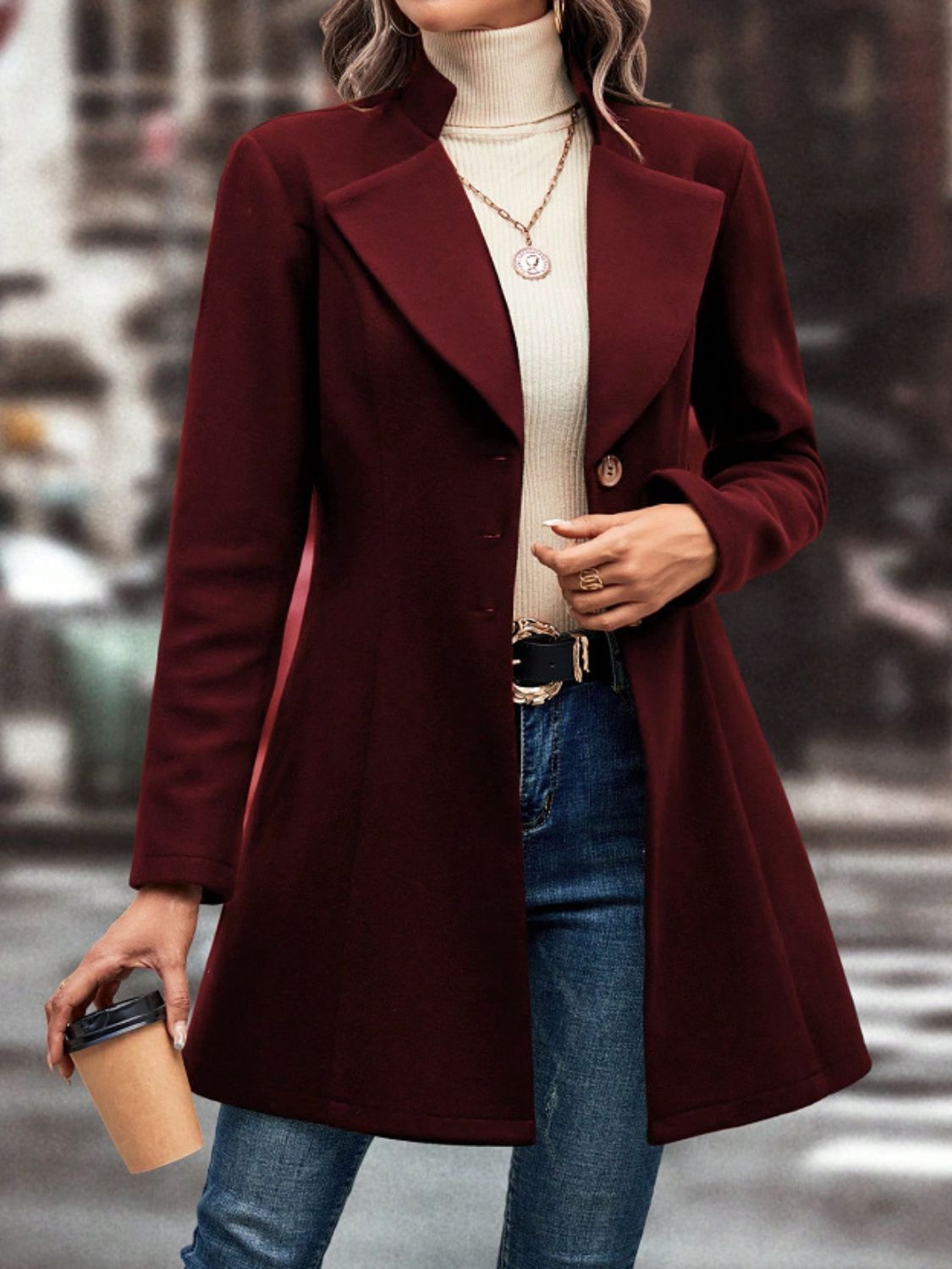 Collared Neck Button Up Long Sleeve Coat - Luxe4Everyday Burgundy / S Coat