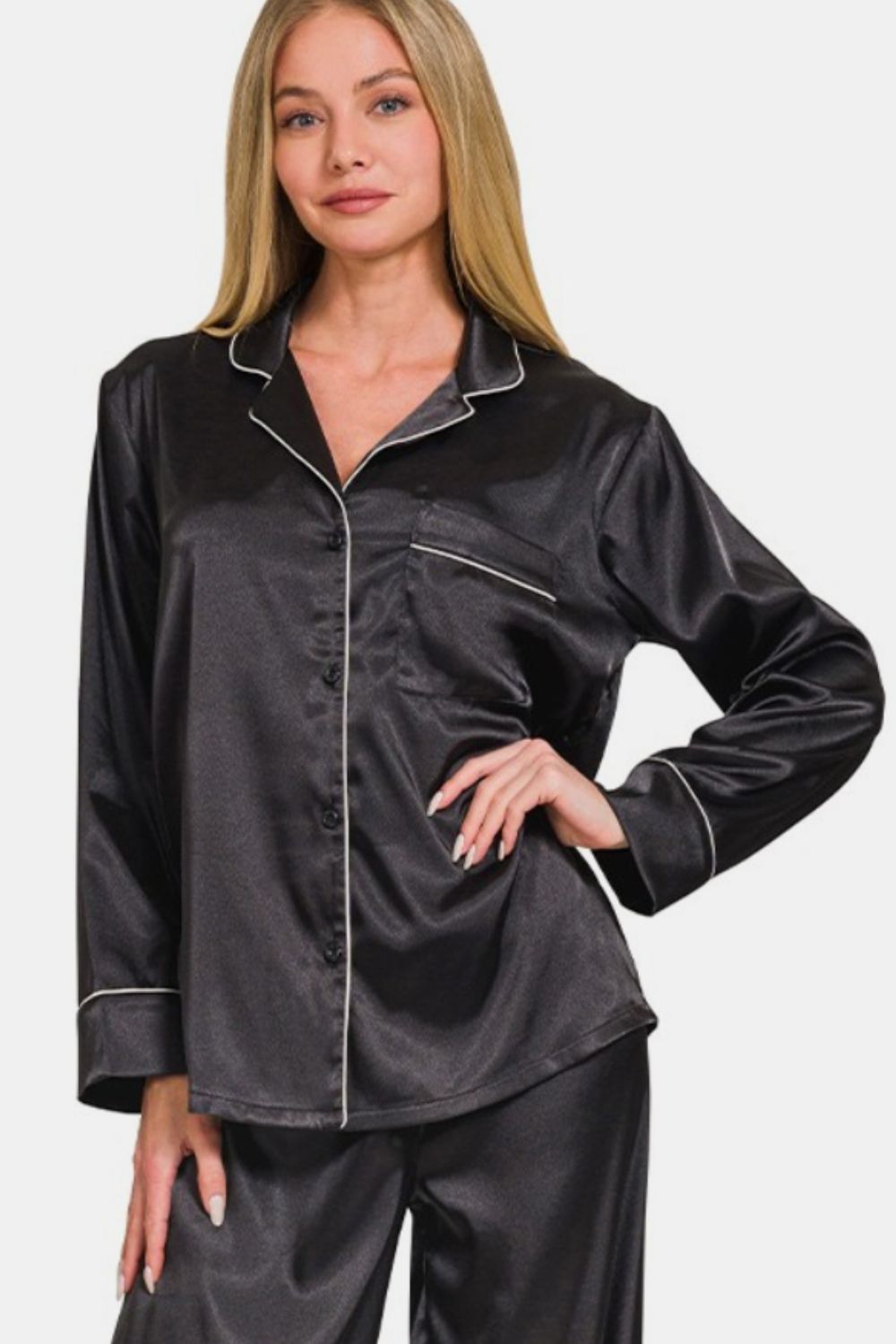 Zenana Satin Long Sleeve Shirt and Pants Pajama Set - Luxe4Everyday Black / S Lounge wear