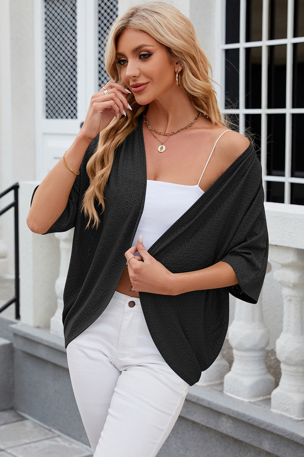 Eyelet Open Front Half Sleeve Cardigan - Luxe4Everyday Jacket