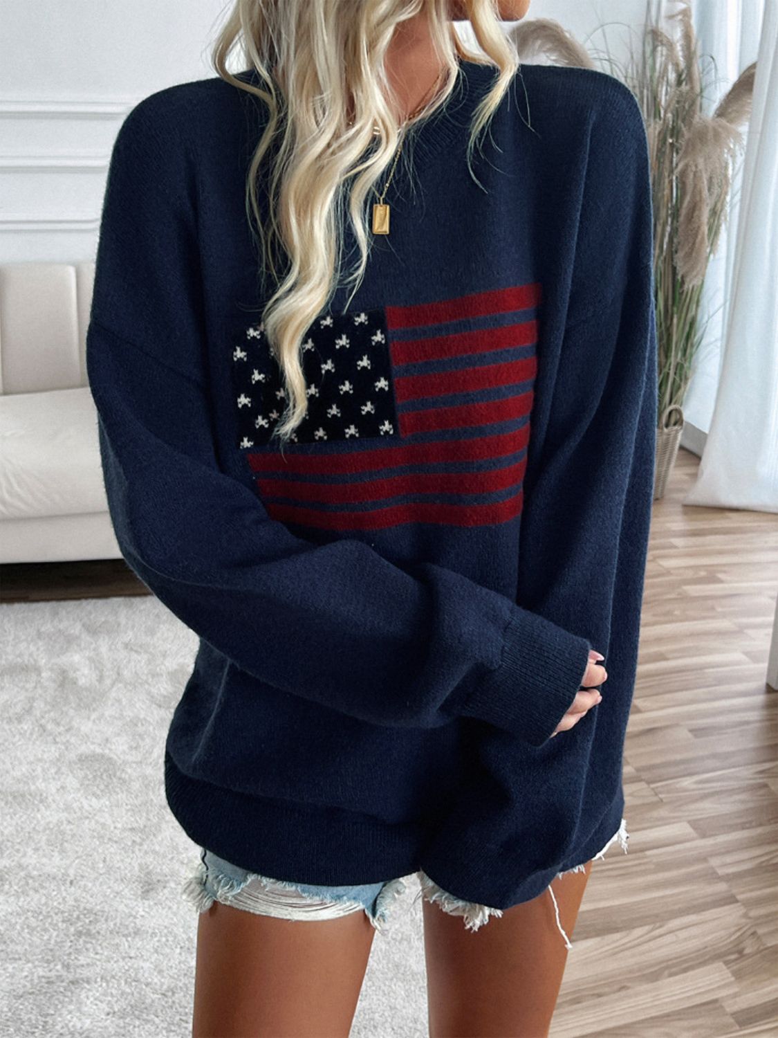 Devine US Flag Round Neck Long Sleeve Knit Top - Luxe4Everyday Sweater