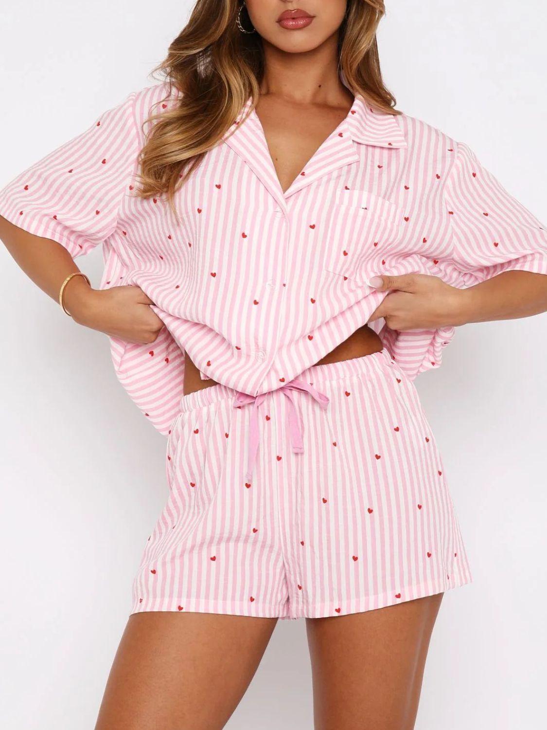 Valentine's Day Printed Collared Neck Short Sleeve Top and Shorts Set - Luxe4Everyday Blush Pink / S Pajamas