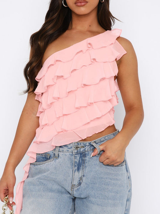 Layered Ruffled One Shoulder Tank - Luxe4Everyday Watermelon pink / S Shirt