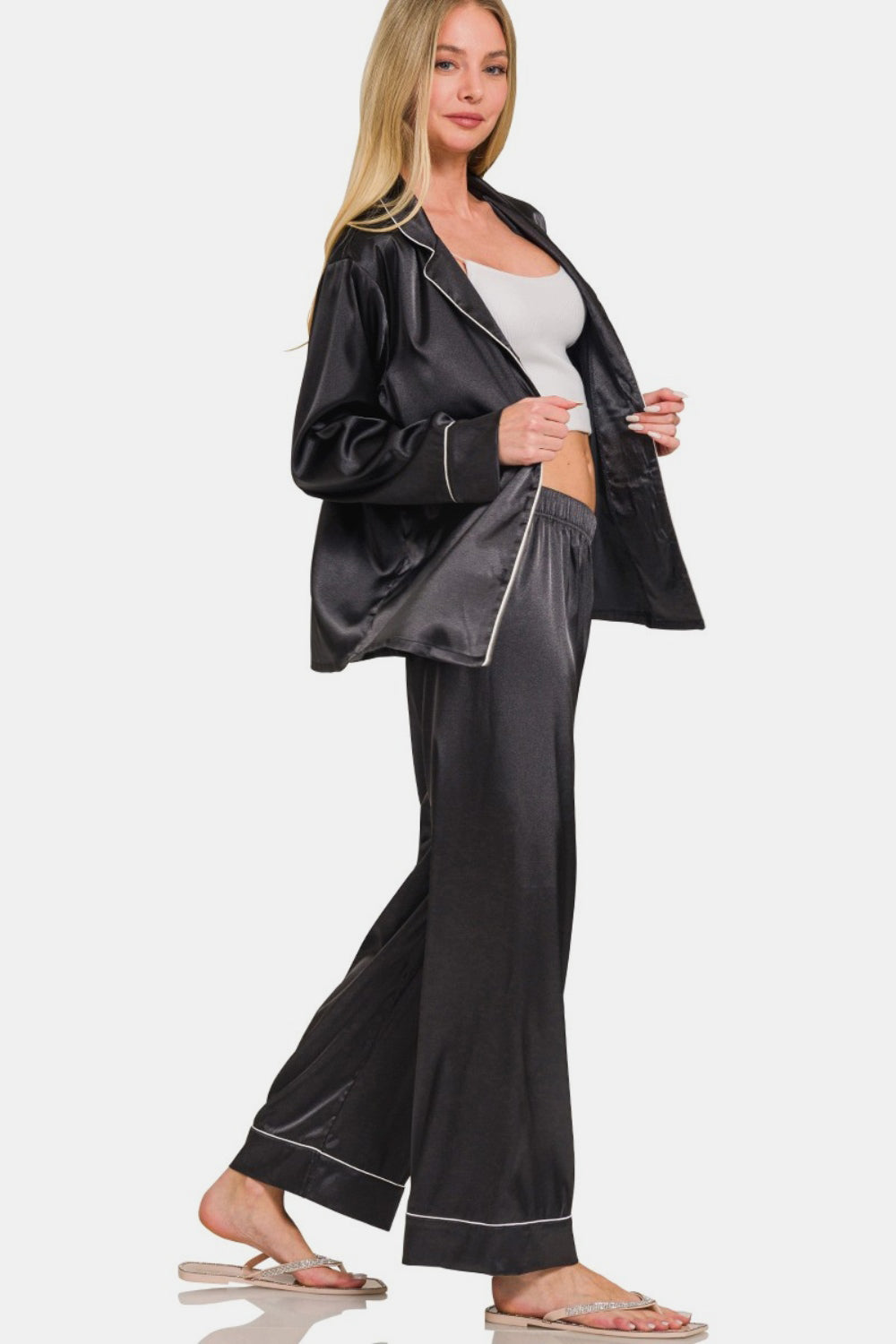 Zenana Satin Long Sleeve Shirt and Pants Pajama Set - Luxe4Everyday Black / S Lounge wear