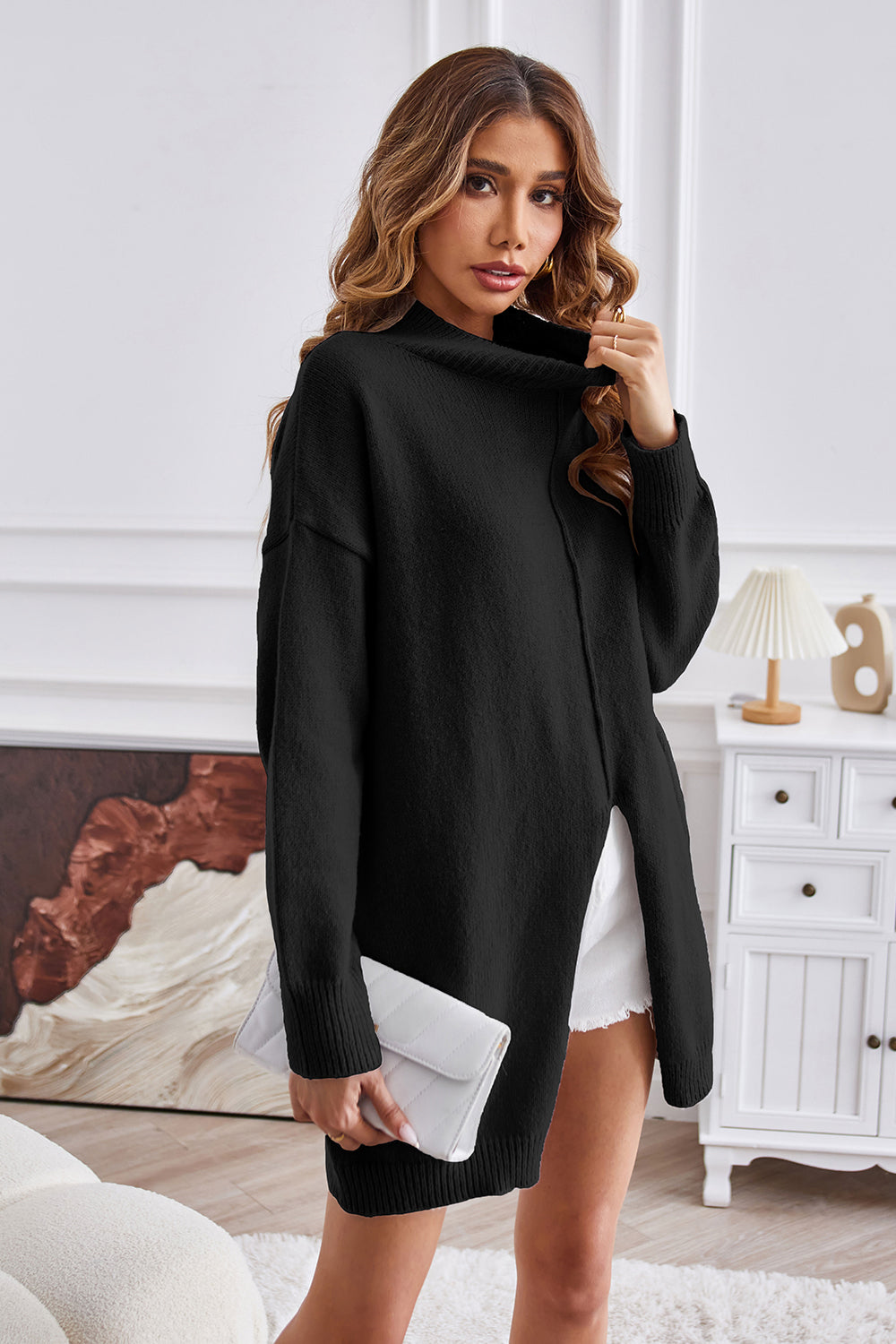 Exposed Seam Mock Neck Slit Sweater - Luxe4Everyday Black / S Sweater