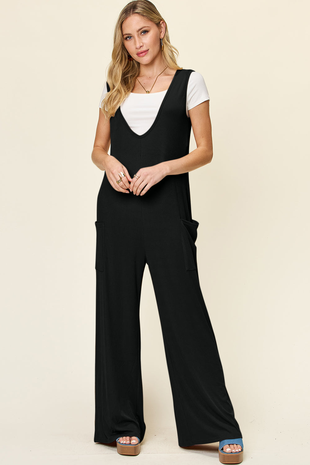 Double Take Full Size Sleeveless Wide Leg Jumpsuit with Pockets - Luxe4Everyday Black / S Jumpsuit