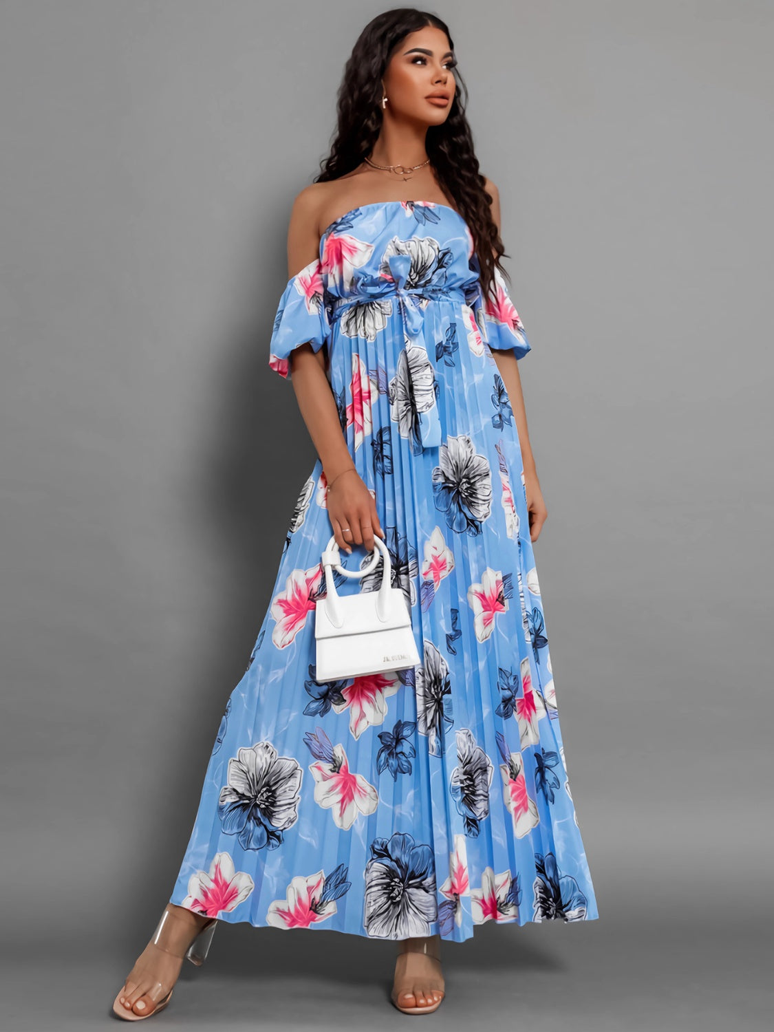 Pleated Floral Off-Shoulder Short Sleeve Midi Dress - Luxe4Everyday Dress