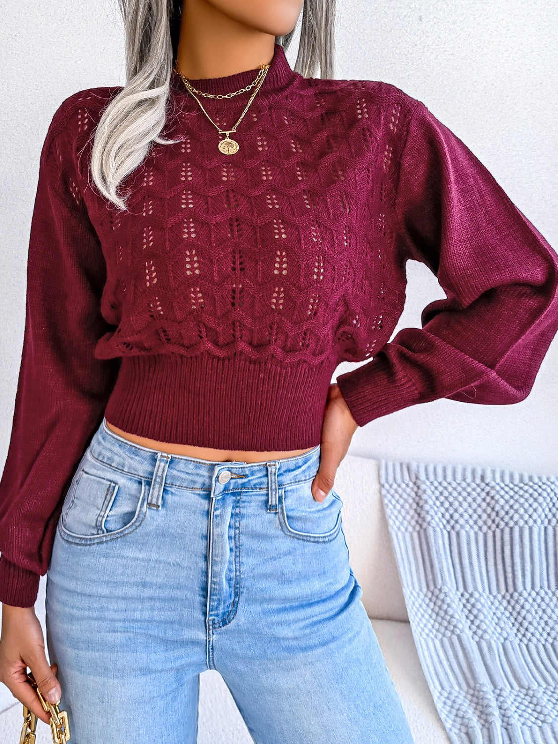 Openwork Mock Neck Long Sleeve Cropped Sweater - Luxe4Everyday Burgundy / S Sweater