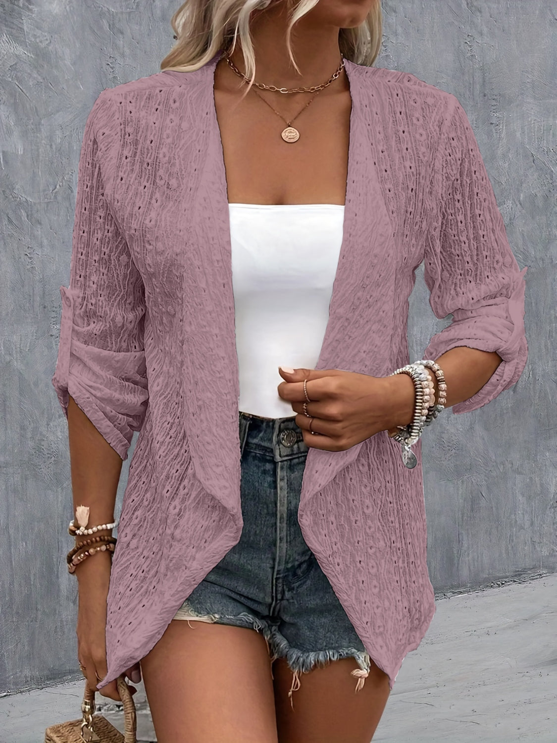 Eyelet Roll-Tab Sleeve Cardigan - Luxe4Everyday Lilac / S Jacket