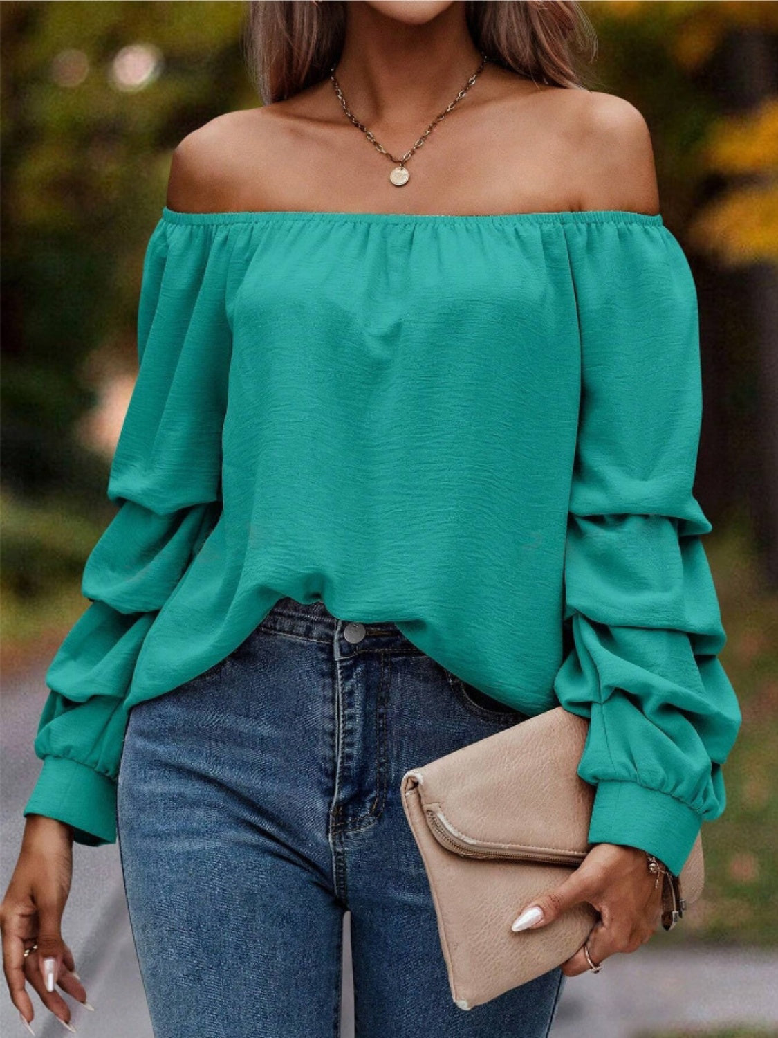 Ruched Off-Shoulder Long Sleeve Blouse - Luxe4Everyday Turquoise / S Shirt