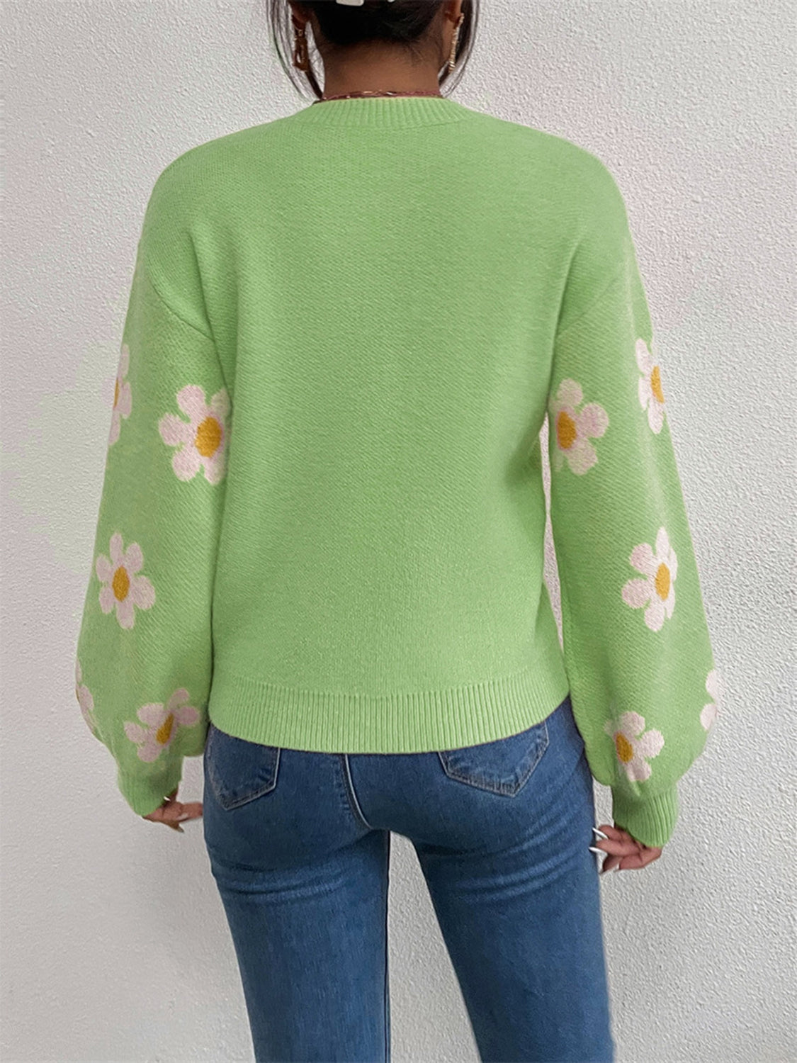 Flower Round Neck Latern Sleeve Sweater - Luxe4Everyday Sweater