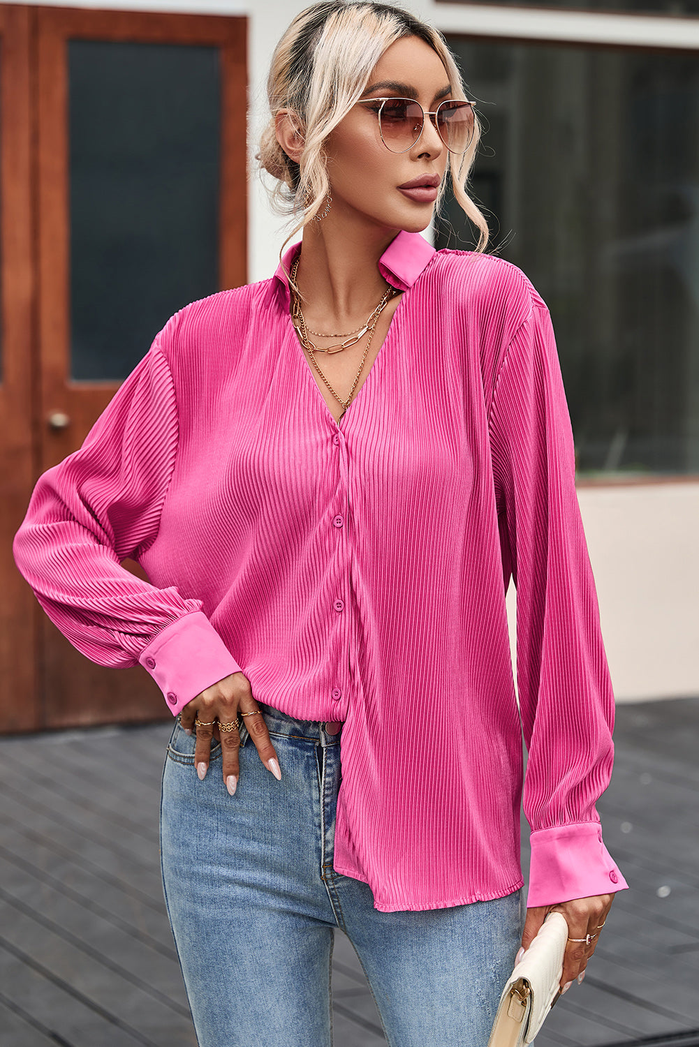 Texture Collared Neck Long Sleeve Shirt - Luxe4Everyday Hot Pink / S Shirts