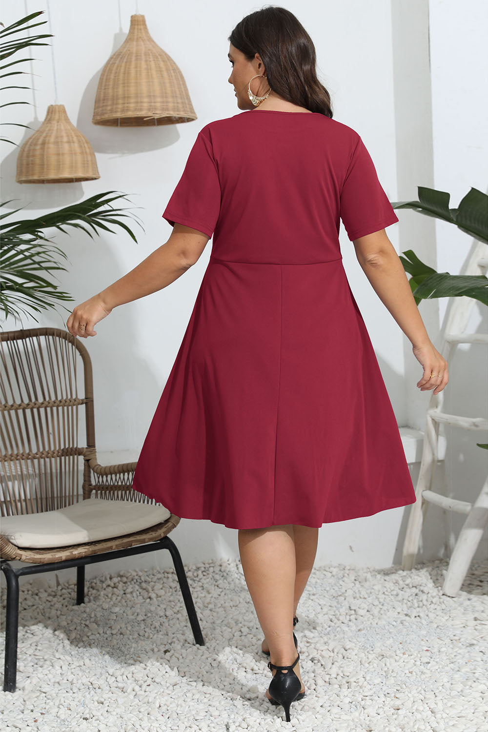 Plus Size Round Neck Openwork Dress - Luxe4Everyday Deep Red / L Dress