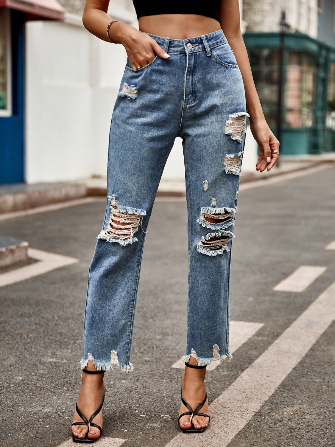 Distressed Raw Hem Jeans with Pockets - Luxe4Everyday Medium / S Jeans