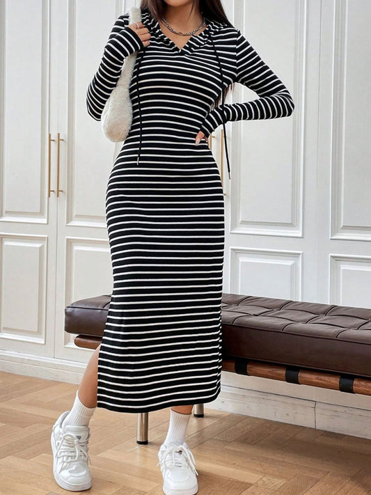 Drawstring Striped Long Sleeve Hooded Dress - Luxe4Everyday Black / S Dress