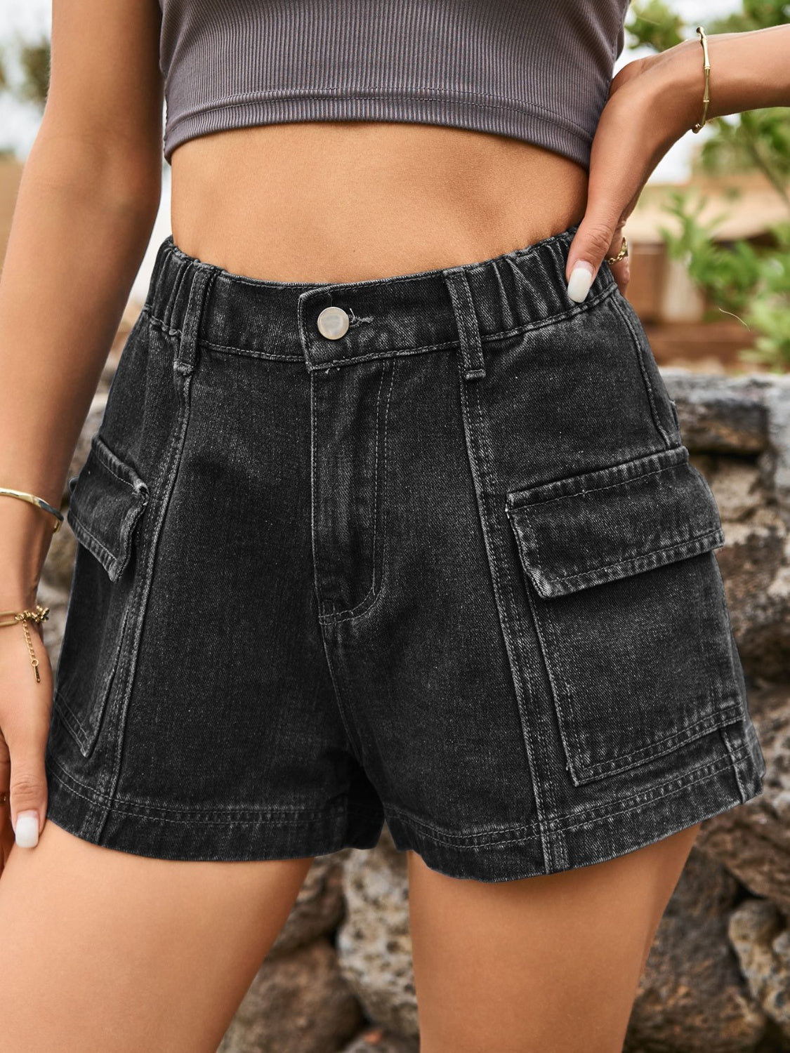 High Waist Denim Shorts with Pockets - Luxe4Everyday Dark Gray / S Shorts