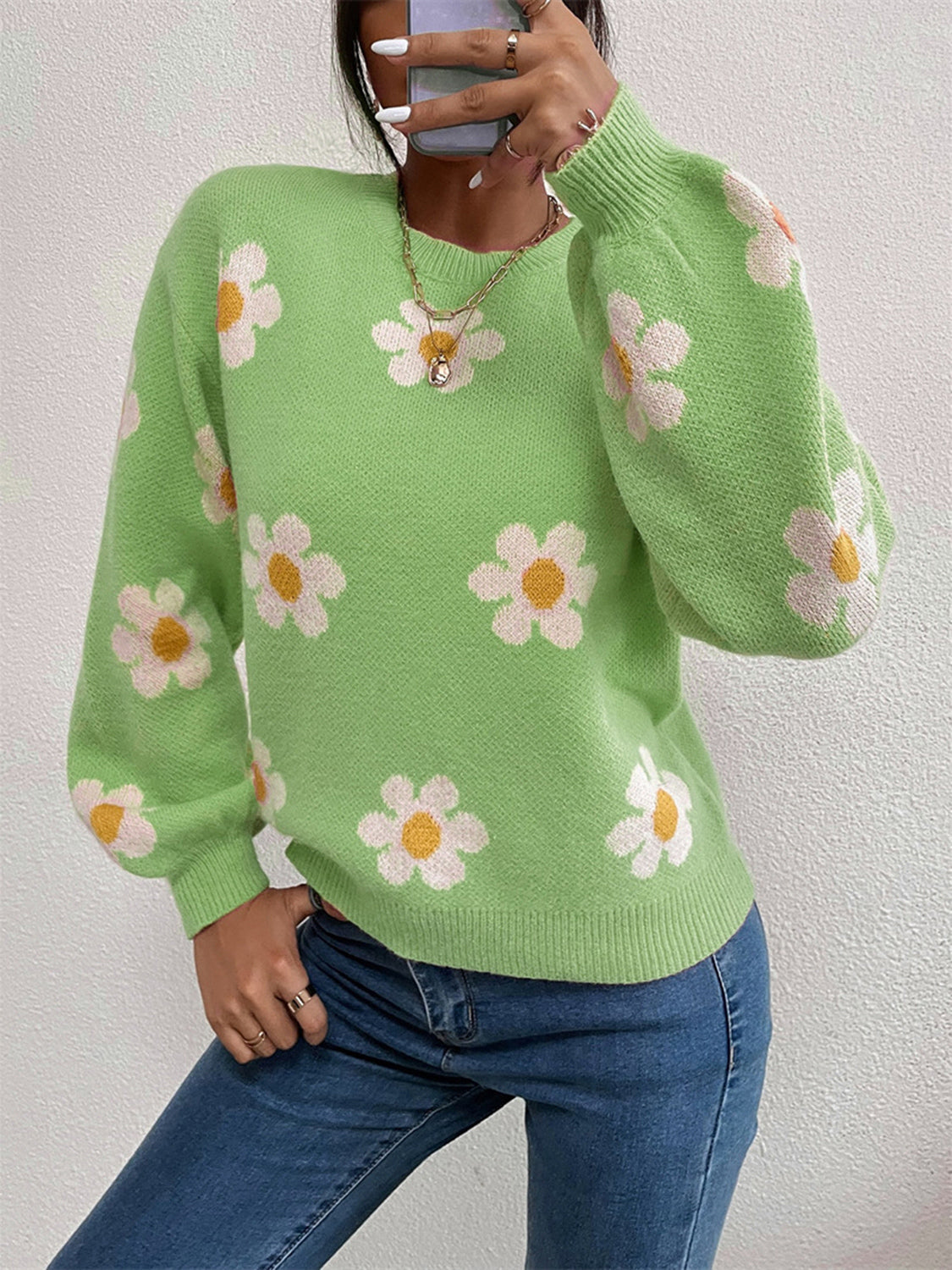 Flower Round Neck Latern Sleeve Sweater - Luxe4Everyday Sweater