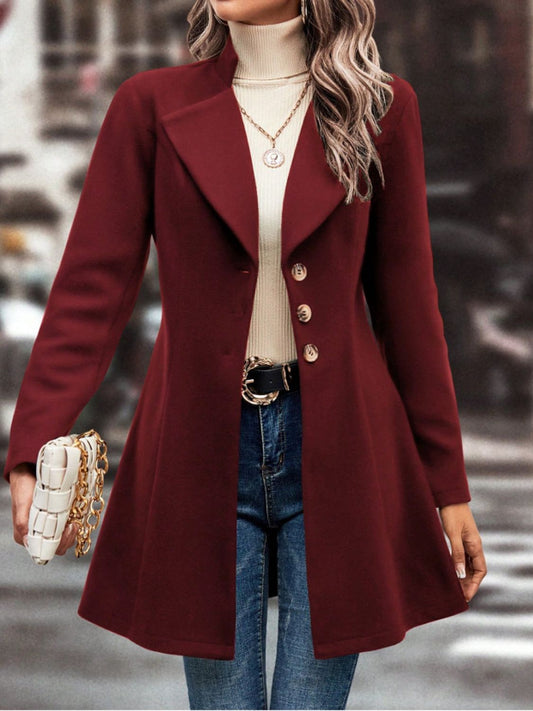 Collared Neck Button Up Long Sleeve Coat - Luxe4Everyday Burgundy / S Coat