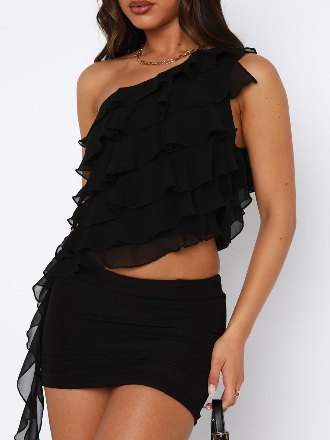 Layered Ruffled One Shoulder Tank - Luxe4Everyday Black / S Shirt