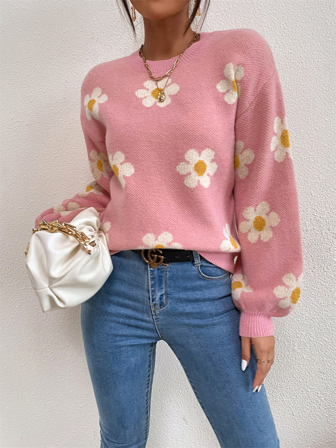 Flower Round Neck Latern Sleeve Sweater - Luxe4Everyday Dusty Pink / S Sweater