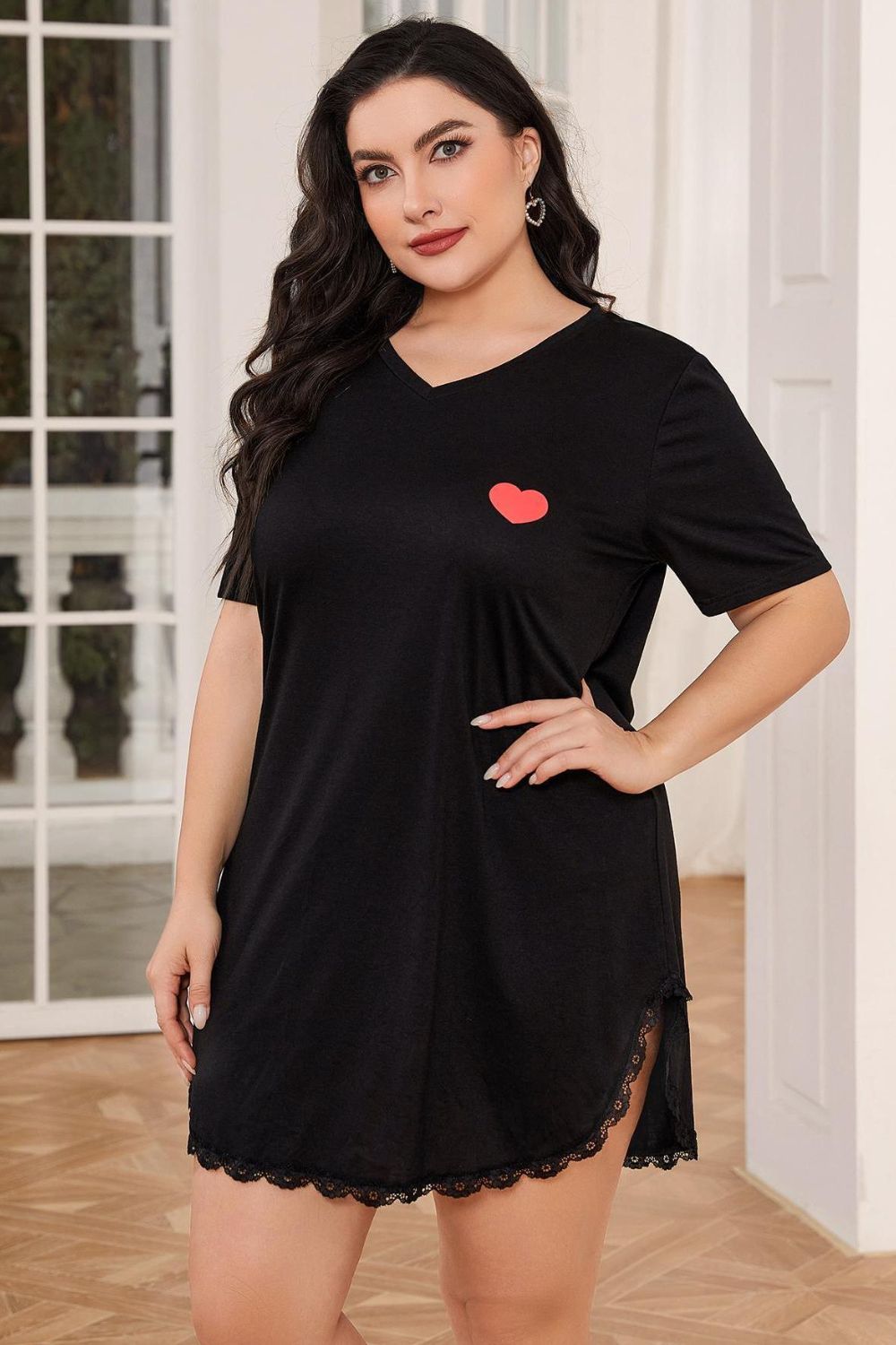 Plus Size Lace Trim V-Neck Short Sleeve Night Dress - Luxe4Everyday Black / 0XL Lounge wear