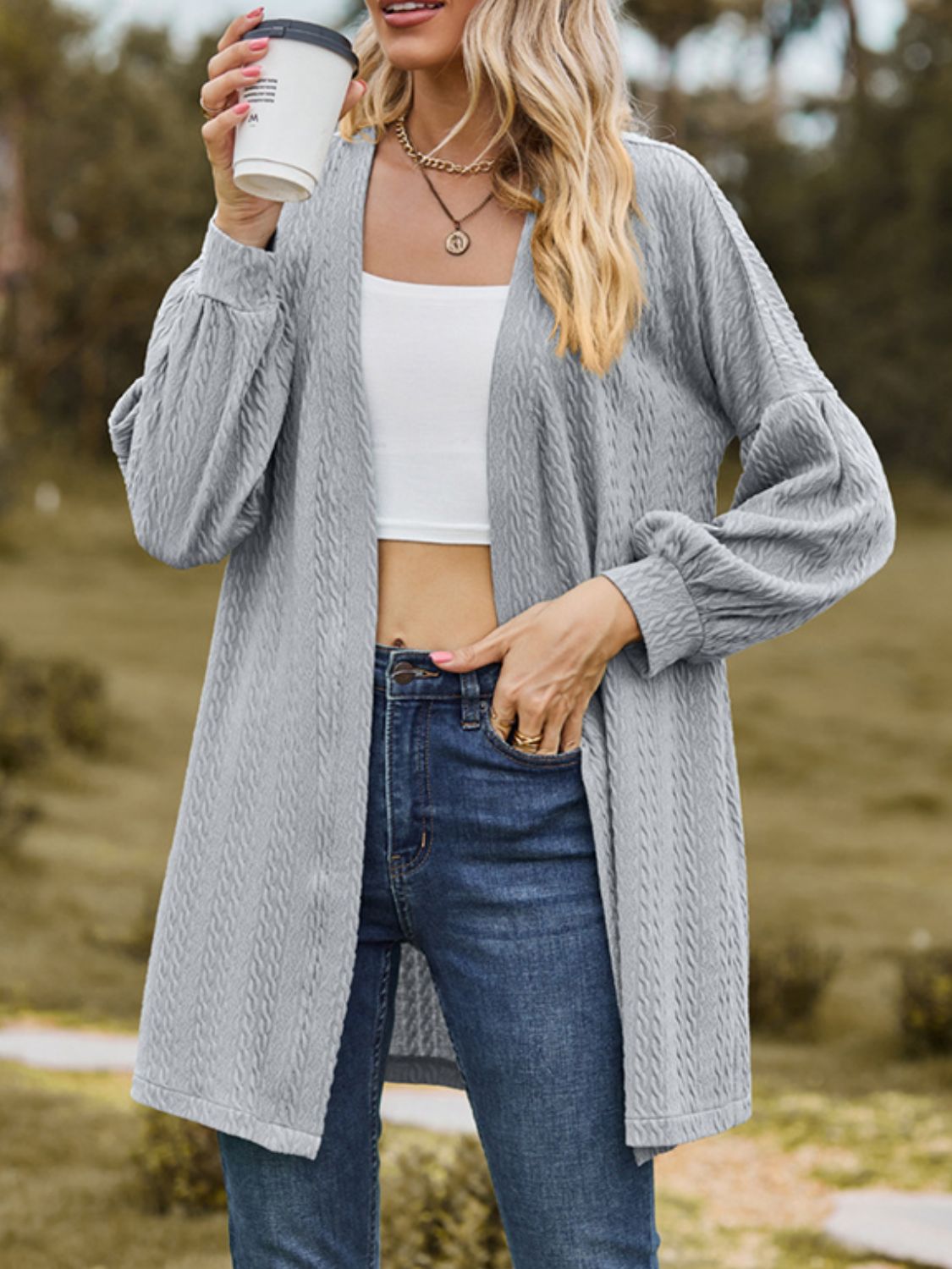 Textured Open Front Dropped Shoulder Cardigan - Luxe4Everyday Gray / S Jacket