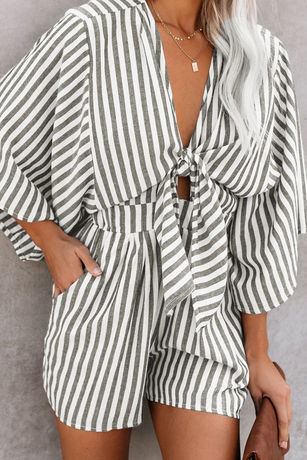 Bow Striped Kimono Sleeve Romper - Luxe4Everyday Dark Gray / S Rompers