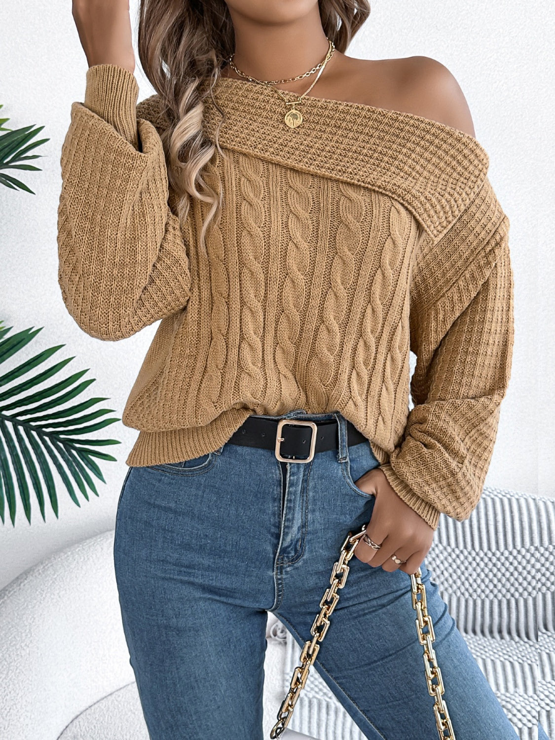 Cable-Knit One Shoulder Long Sleeve Sweater - Luxe4Everyday Sweater