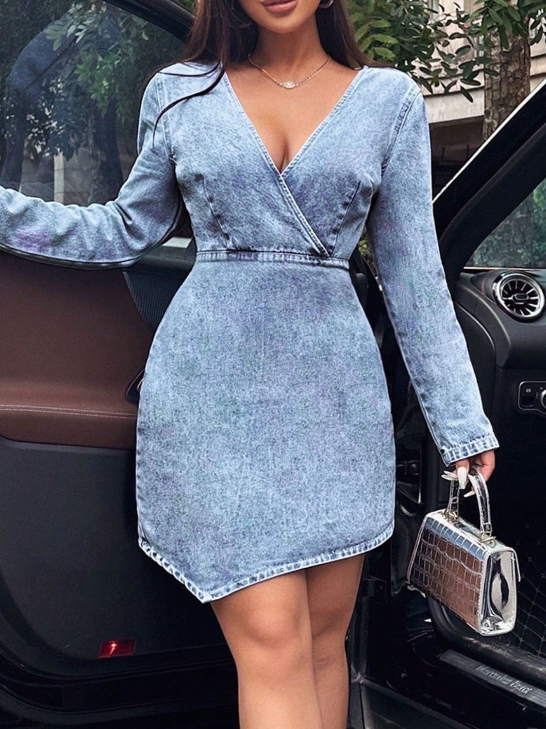 Surplice Long Sleeve Denim Dress - Luxe4Everyday Light / M Dress