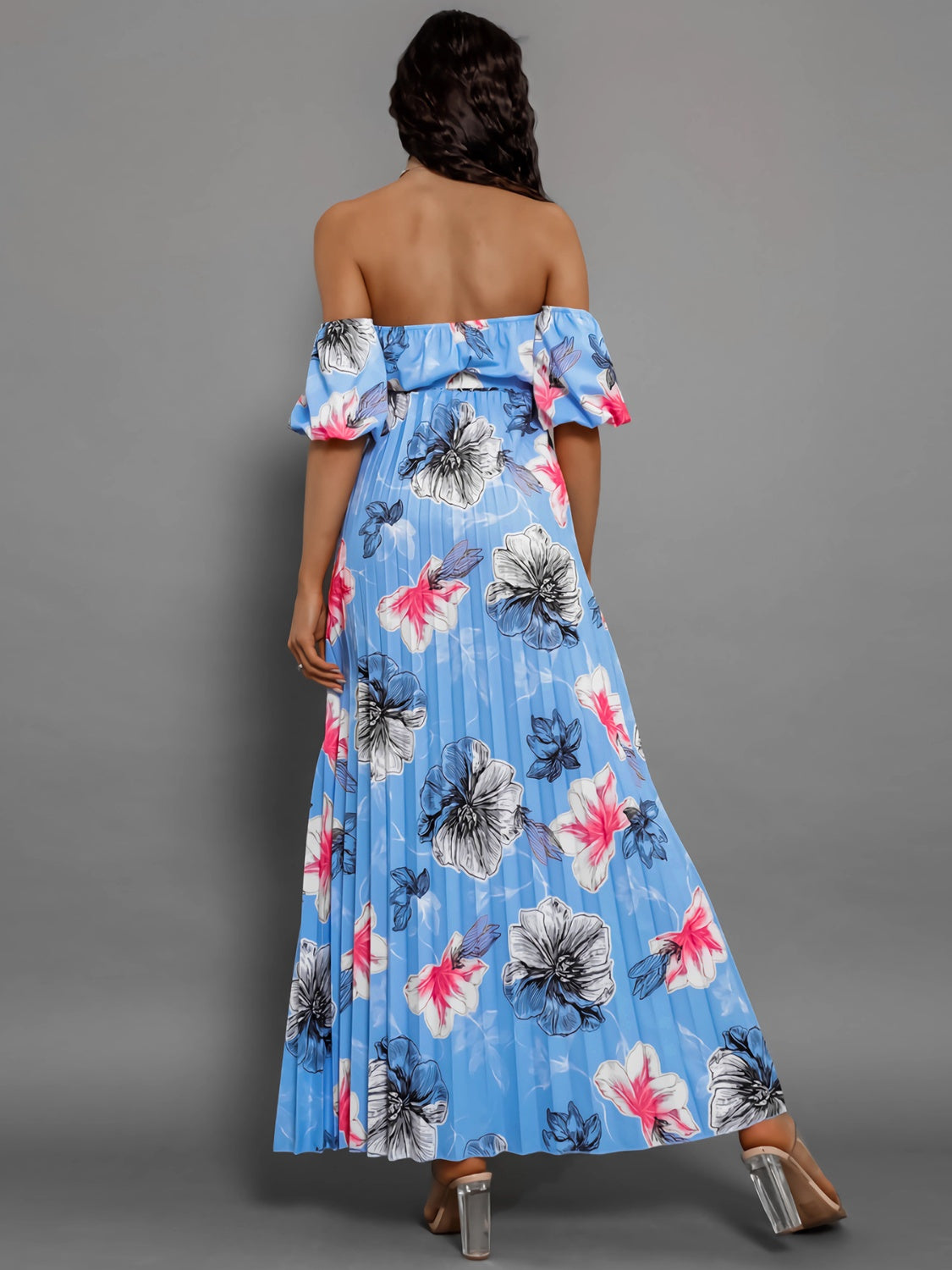 Pleated Floral Off-Shoulder Short Sleeve Midi Dress - Luxe4Everyday Dress