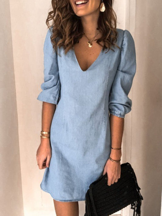 Full Size V-Neck Half Sleeve Dress - Luxe4Everyday Light Blue / S Dress