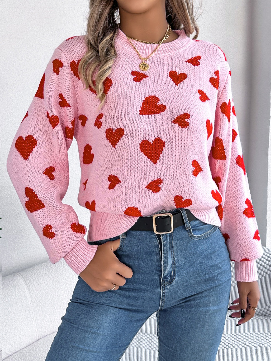 Heart Round Neck Long Sleeve Sweater - Luxe4Everyday Blush Pink / S Sweater