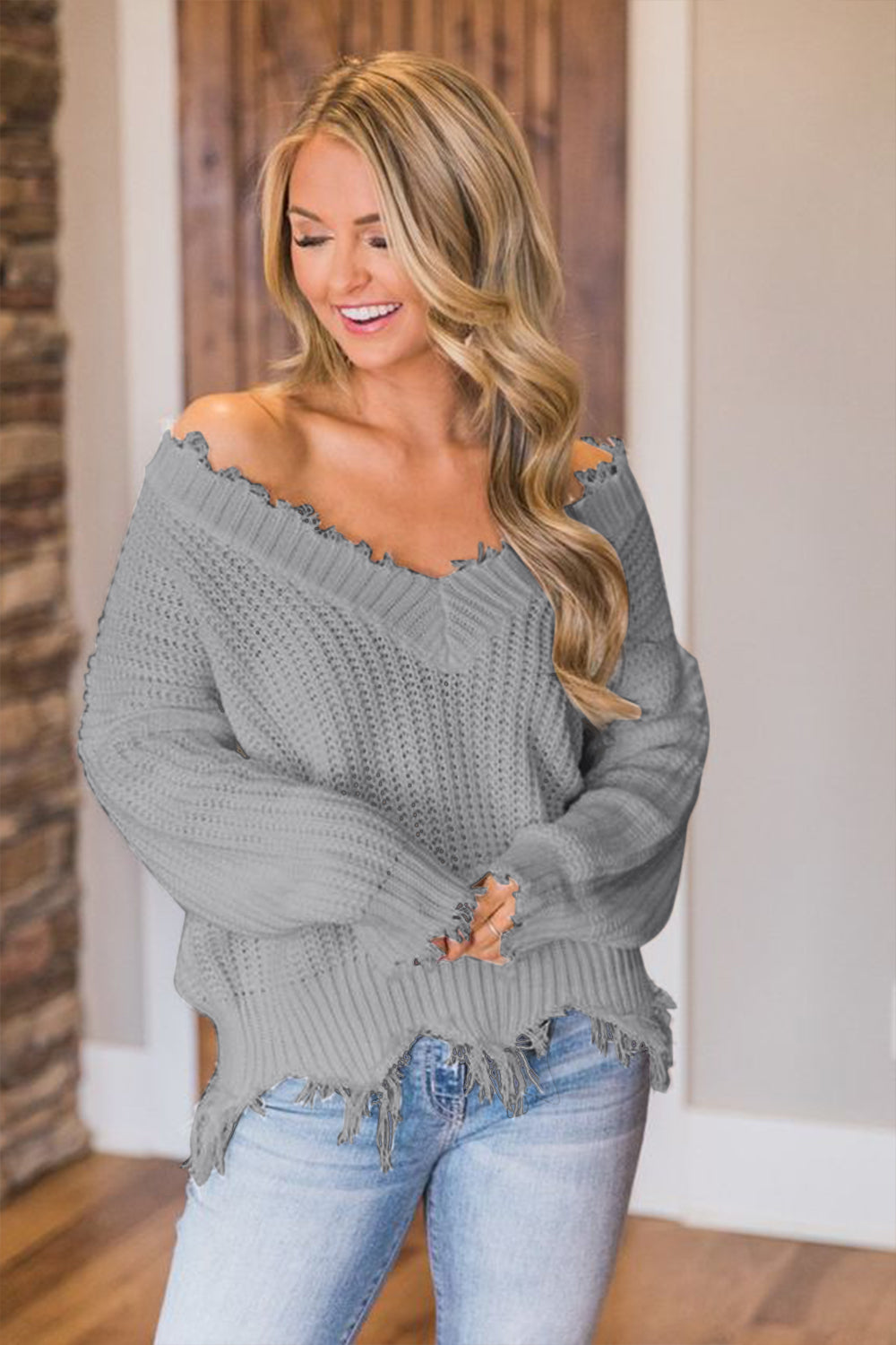 Frayed Hem Dropped Shoulder Sweater - Luxe4Everyday Sweater