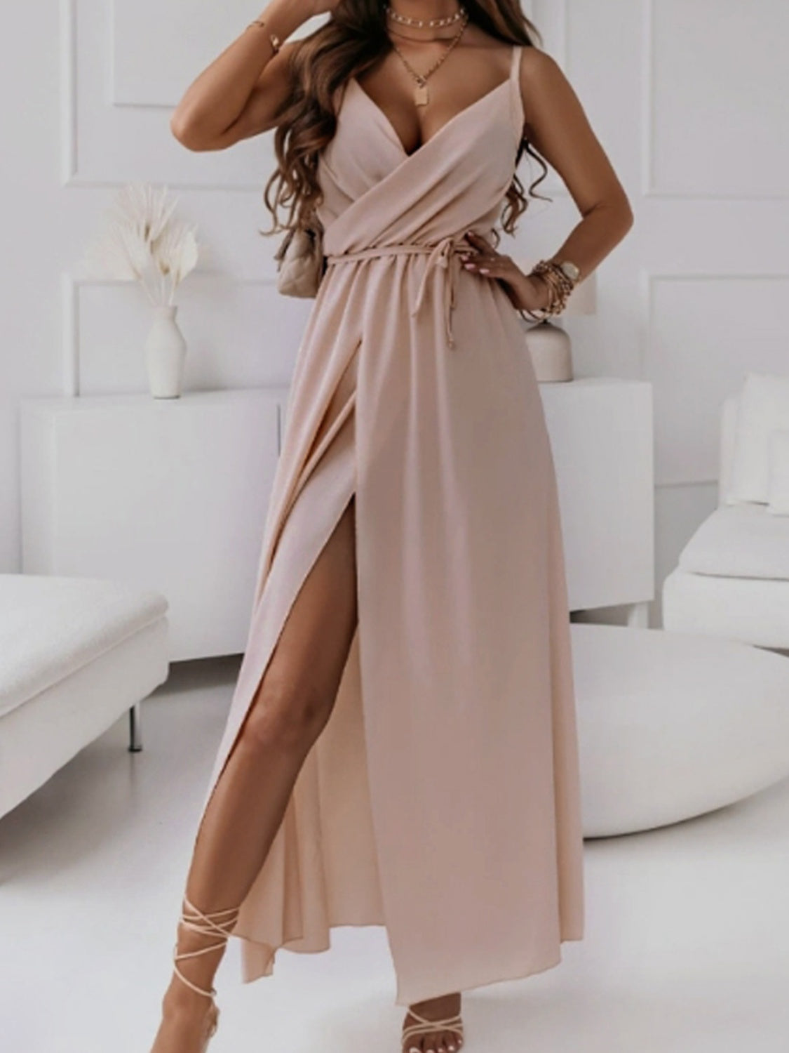 Honey Tied Surplice Sleeveless Midi Cami Dress - Luxe4Everyday Pale Blush / S Dress