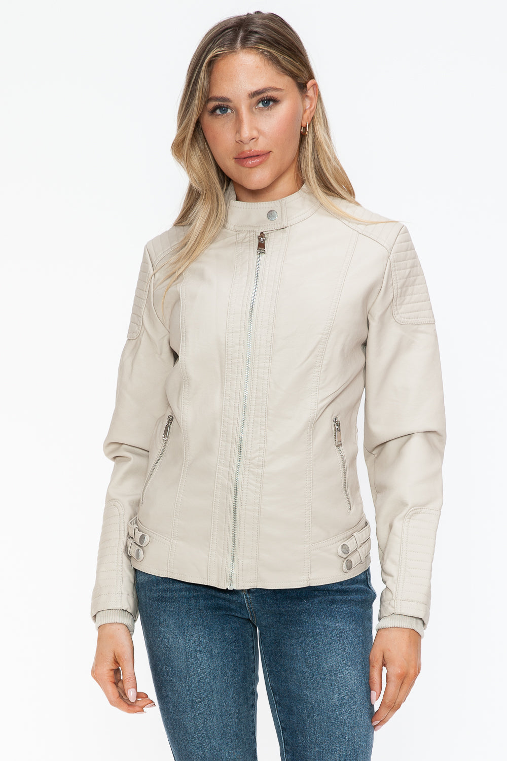 Snobbish Faux Leather Biker Jacket with Side Zip Pockets - Luxe4Everyday Sand / S Jacket