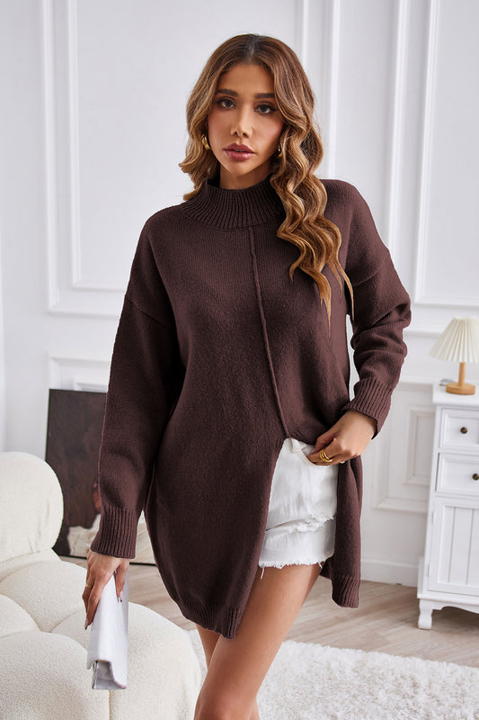 Exposed Seam Mock Neck Slit Sweater - Luxe4Everyday Chestnut / S Sweater