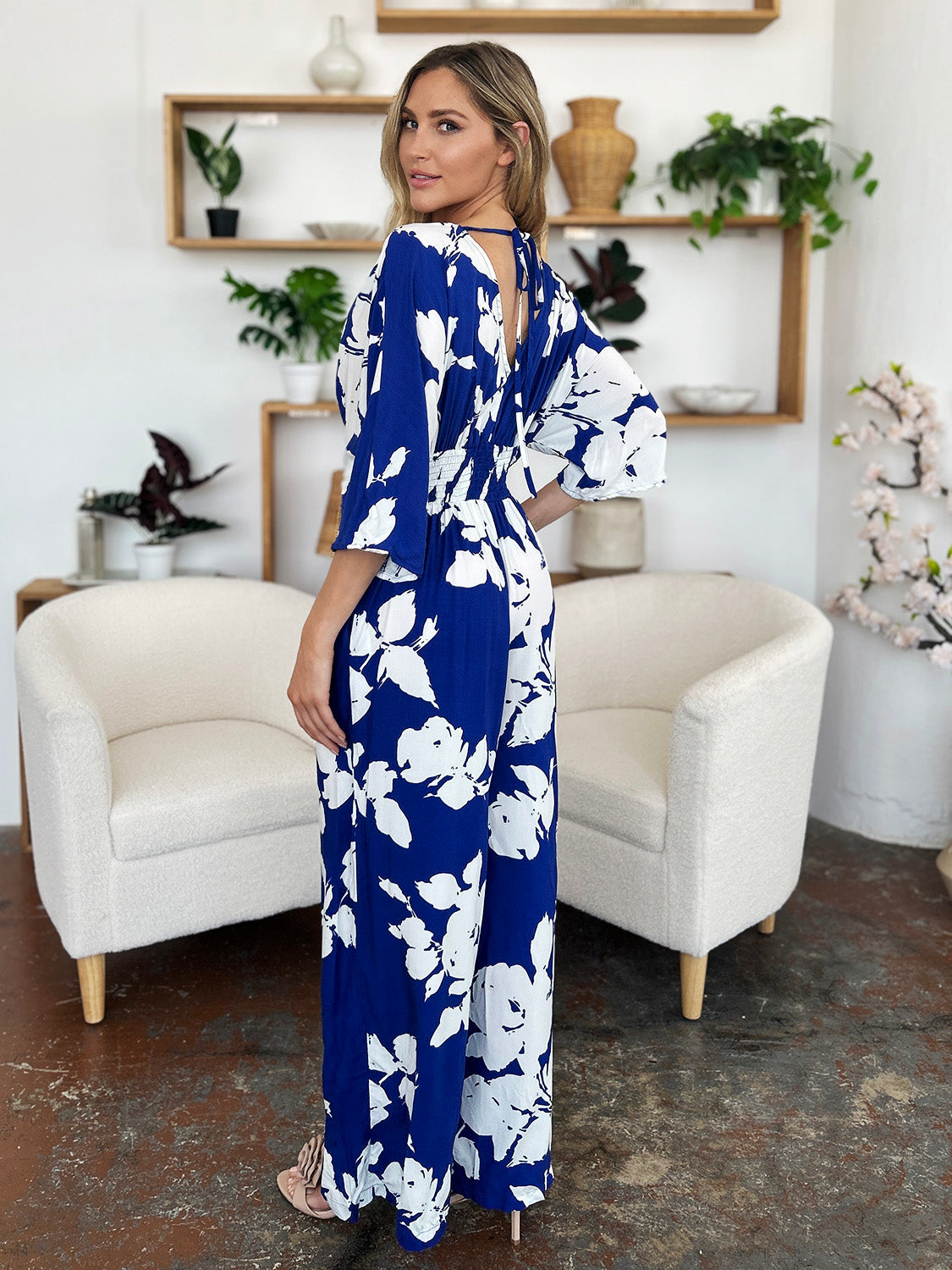 Double Take Full Size Printed Tie Back Wide Leg Jumpsuit - Luxe4Everyday Jumpsuit