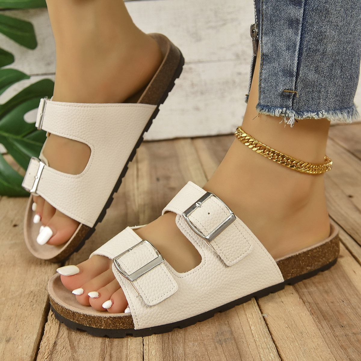 Open Toe Double Buckle Sandals - Luxe4Everyday White / 35(US4) Shoes