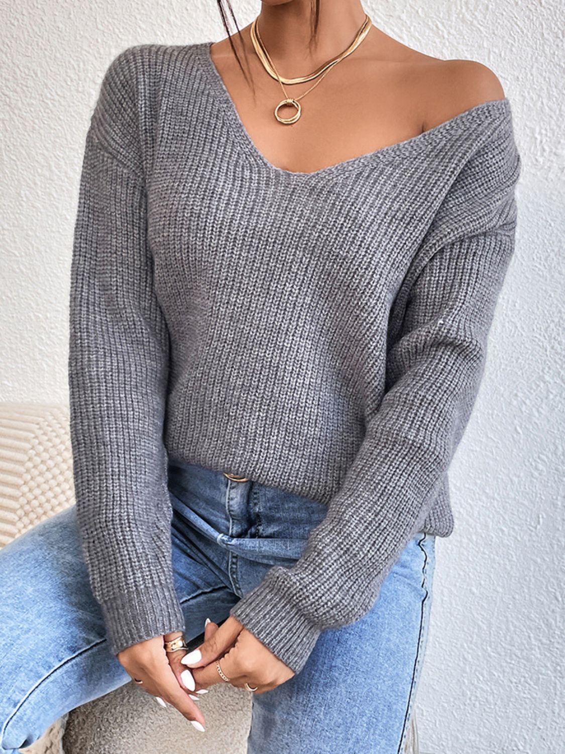 Crisscross V-Neck Long Sleeve Sweater - Luxe4Everyday Sweater