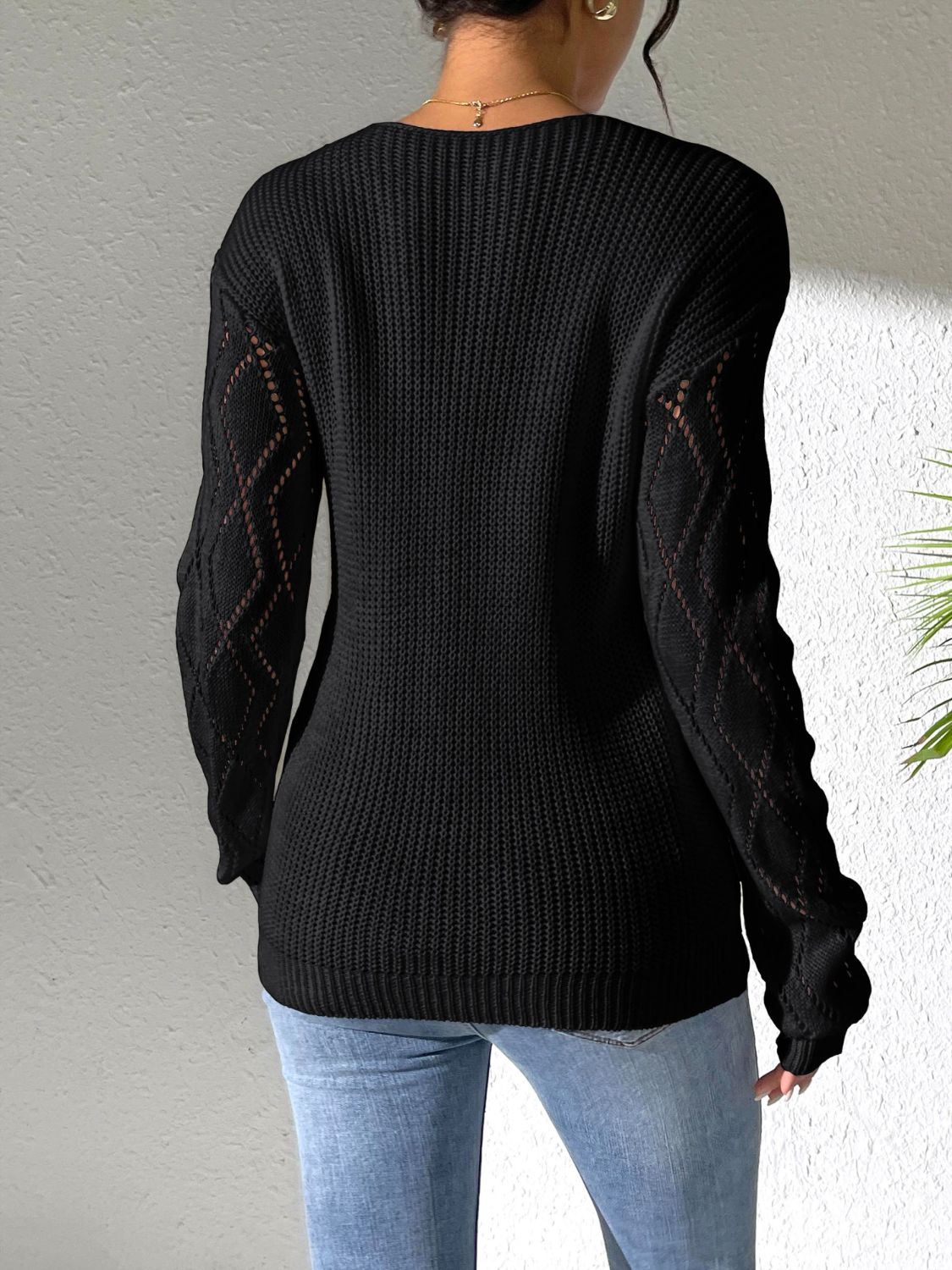 Openwork V-Neck Long Sleeve Sweater - Luxe4Everyday Sweater